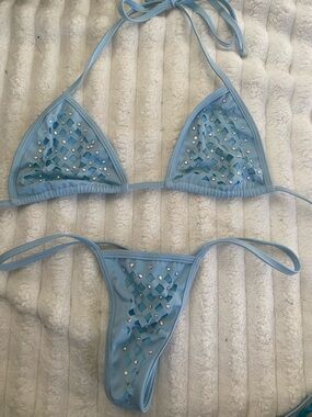Light Blue Lattice Rhinestone Triangle Bikini - Women Swim
